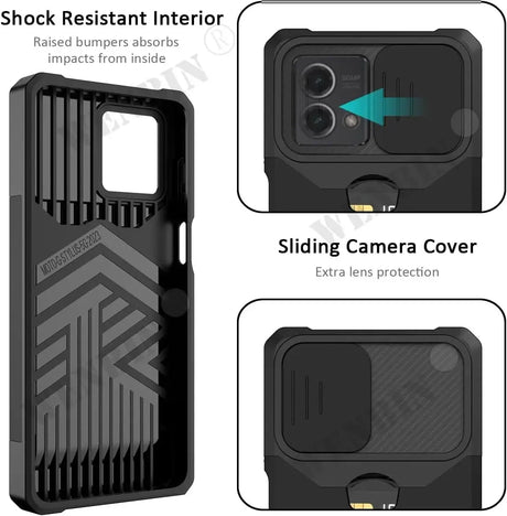 Protective smartphone case with shock-resistant interior and sliding camera cover.