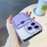 Purple-accented clear phone case with card holder.