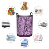 a purple and black fabric storage bag with various items