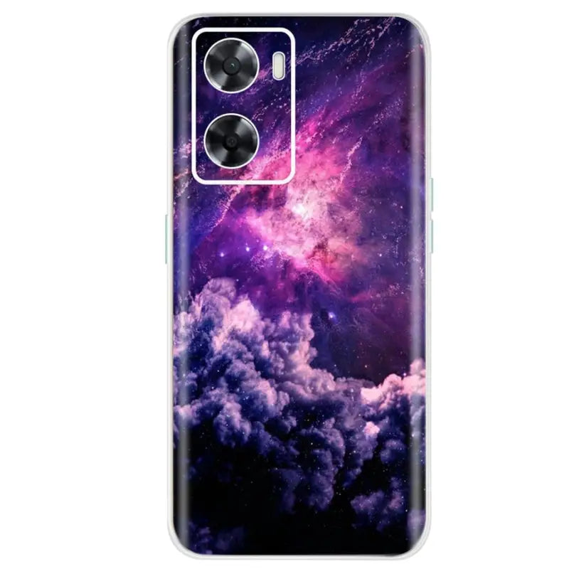a purple and blue galaxy case with clouds and stars