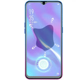the back of a purple and blue smartphone with a curved screen
