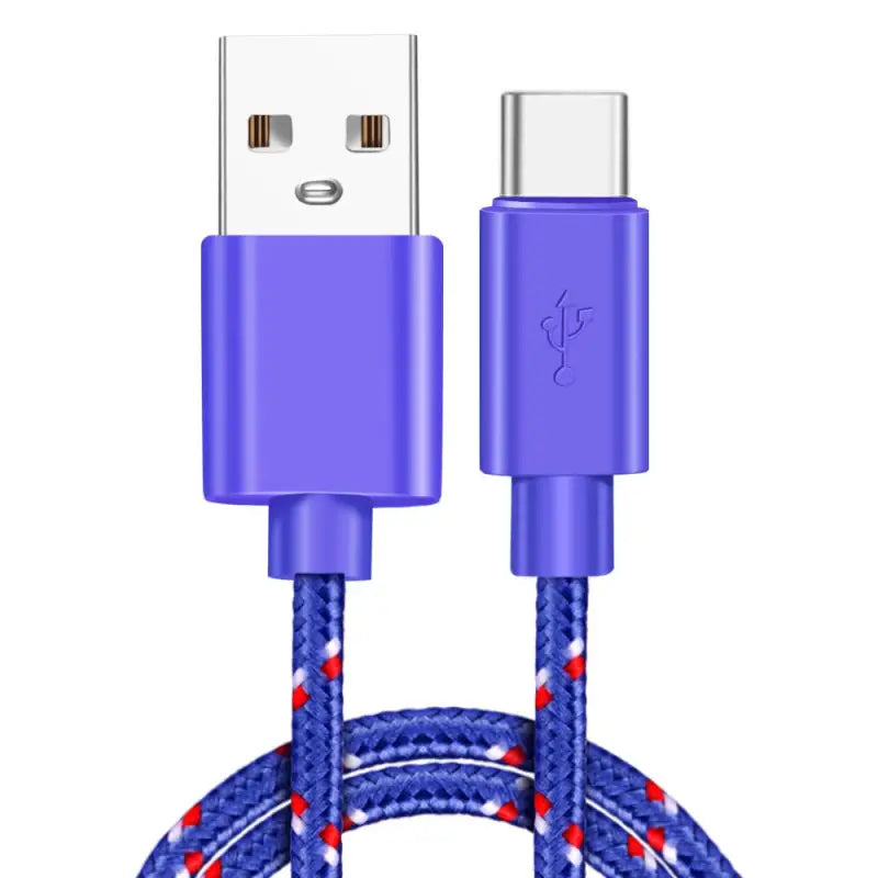 a purple braided usb cable with a red and white design
