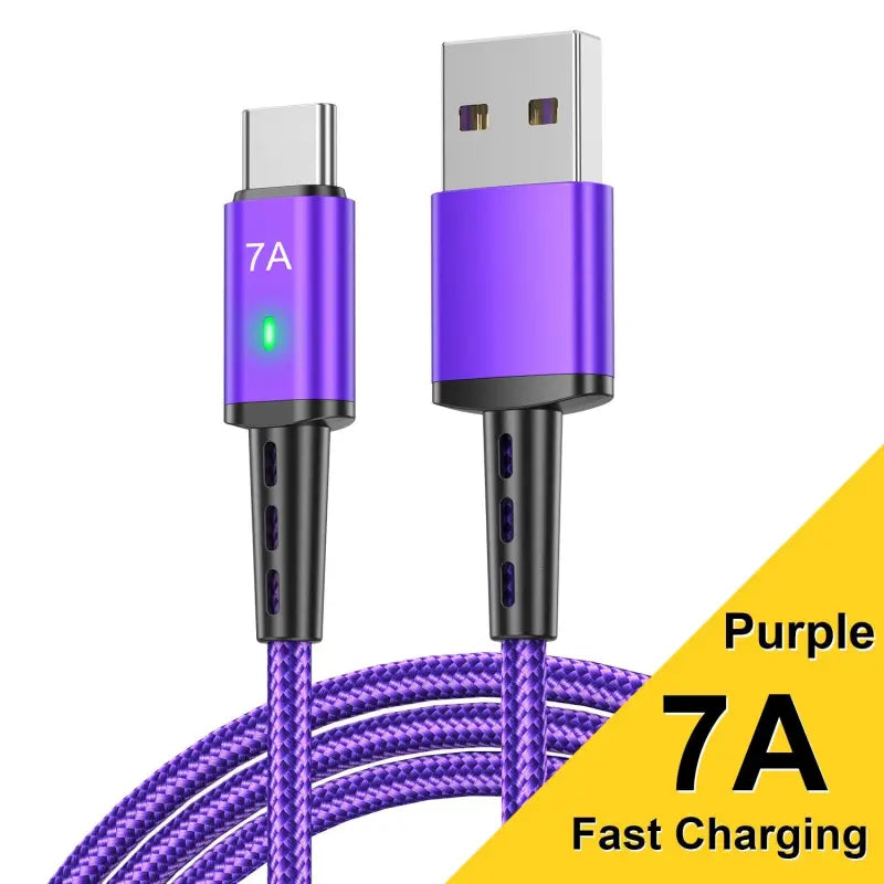 a purple braided charging cable with a 7a fast charging plug