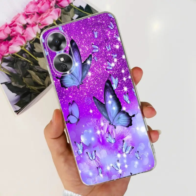 purple butterfly glitter phone case