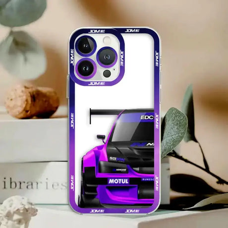 A purple car phone case with the image of a purple car