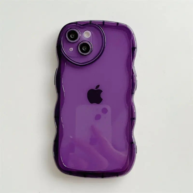 a purple iphone case sitting on top of a white surface