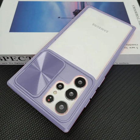 A purple case with two buttons and a white box