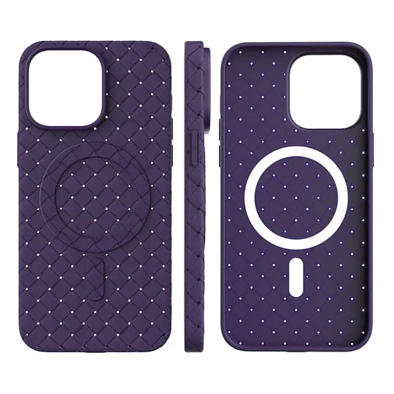 the back of a purple phone case with a white circle on it