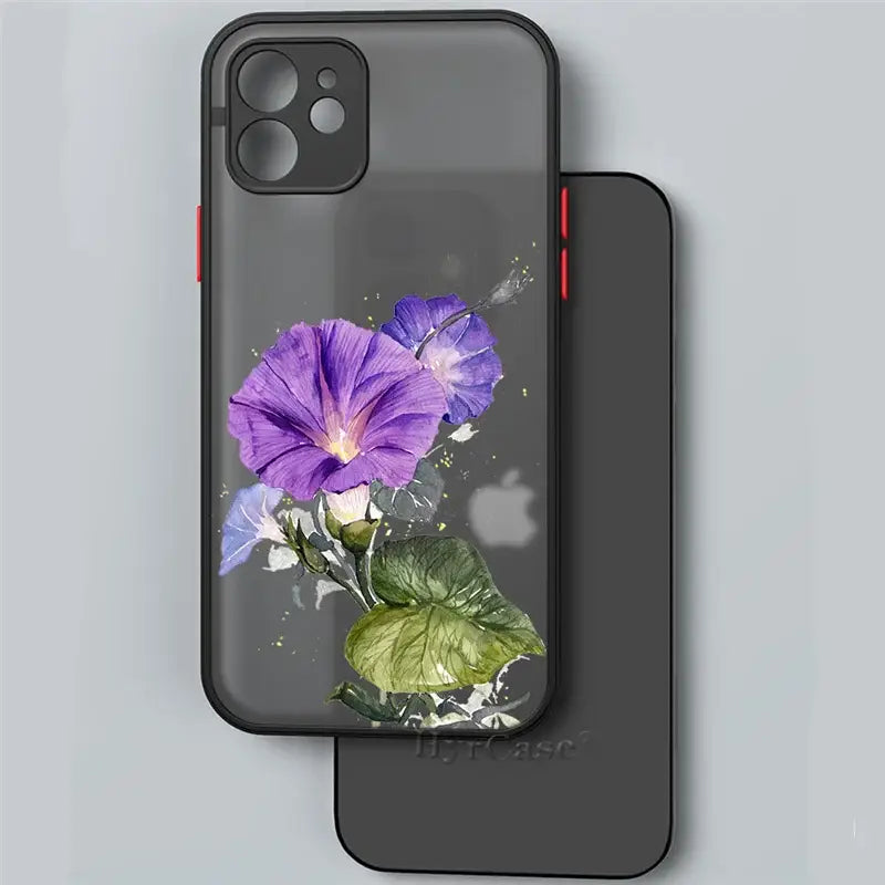 a purple flower on a black phone case