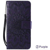 purple flower embossed leather wallet case with dettance strap