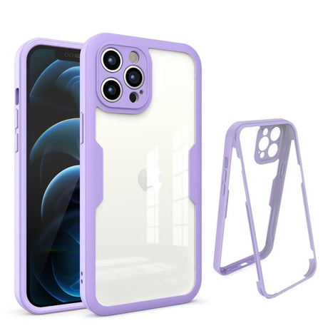 Purple-framed transparent phone case for an iPhone with a triple camera setup.