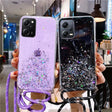 a woman holding up two iphone cases with glitter