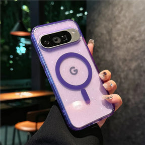 Purple glittery phone case with magnetic ring.