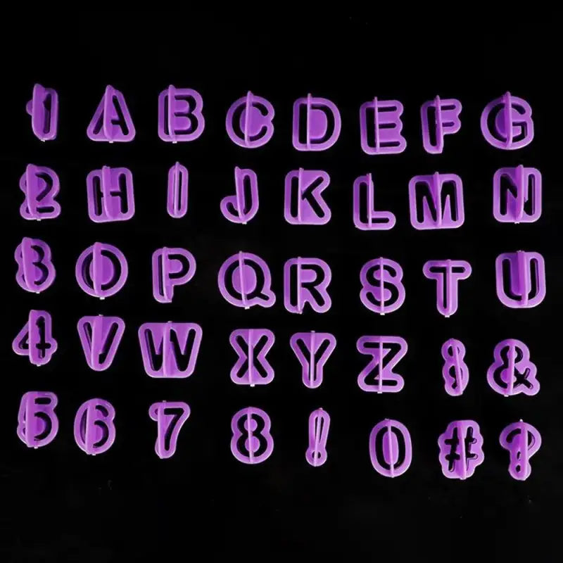 a purple glow alphabet on a black background