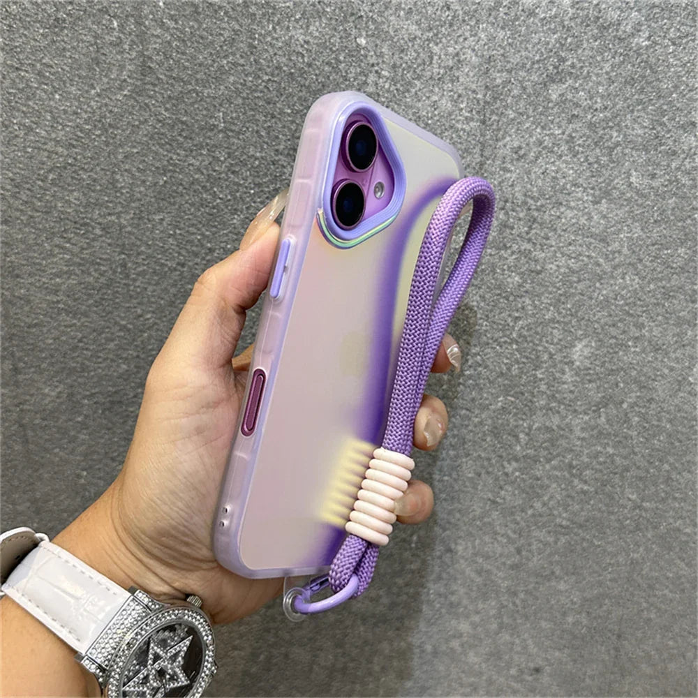 Purple gradient phone case with wrist strap.