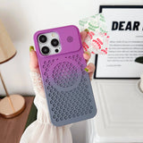 Purple and gray gradient iPhone case with a perforated pattern and camera cutouts.