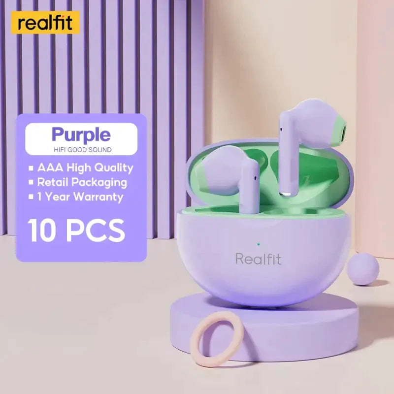 a purple and green airpods with a pair of earphones