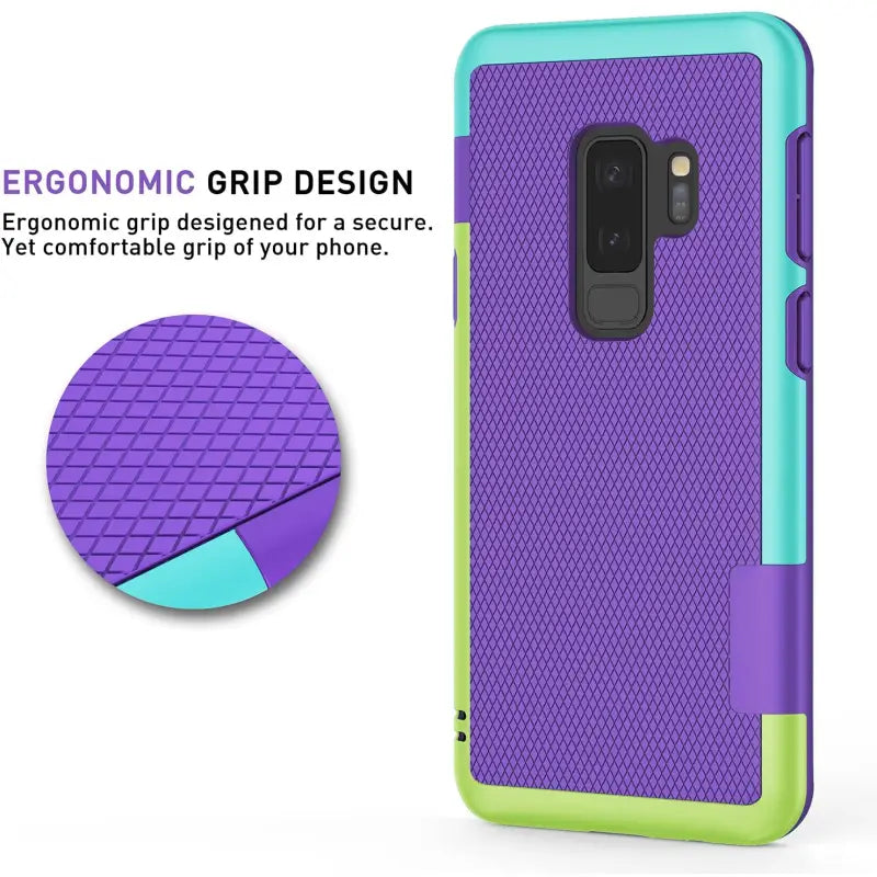 the back of a purple and blue samsung s9 case with a blue triangle design