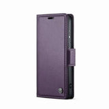the back of a purple iphone case with a black leather cover