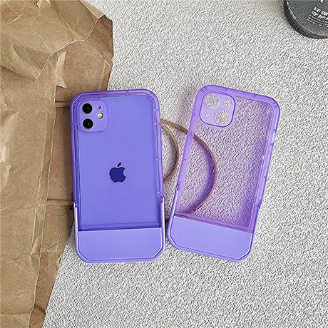 A purple iphone case sitting on top of a brown paper bag