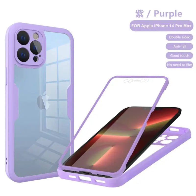 the purple iphone case is shown with the phone in the background