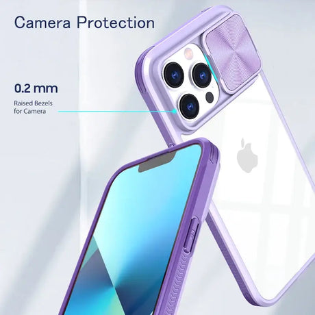 The back of a purple iphone case with a camera lens