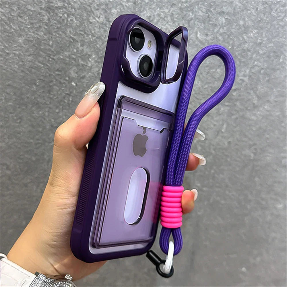 Purple iPhone case with card holder and wrist strap.