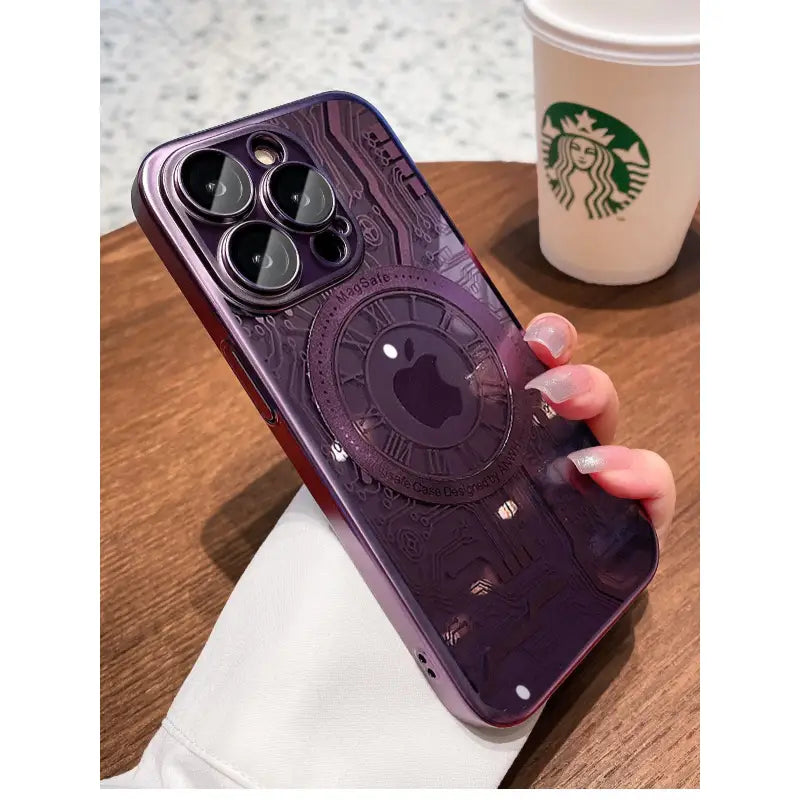 purple iphone case with a circular design and a camera lens