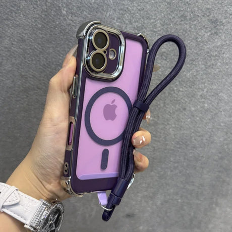 Purple iPhone case with a dark purple lanyard and MagSafe ring.