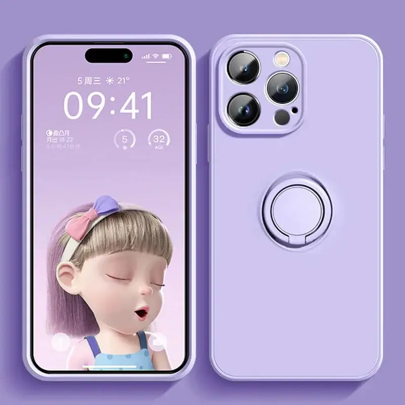 a purple iphone case with a girl’s face on it