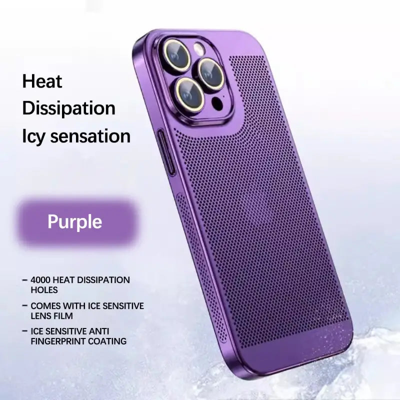 the purple iphone case is shown with the text heat disson