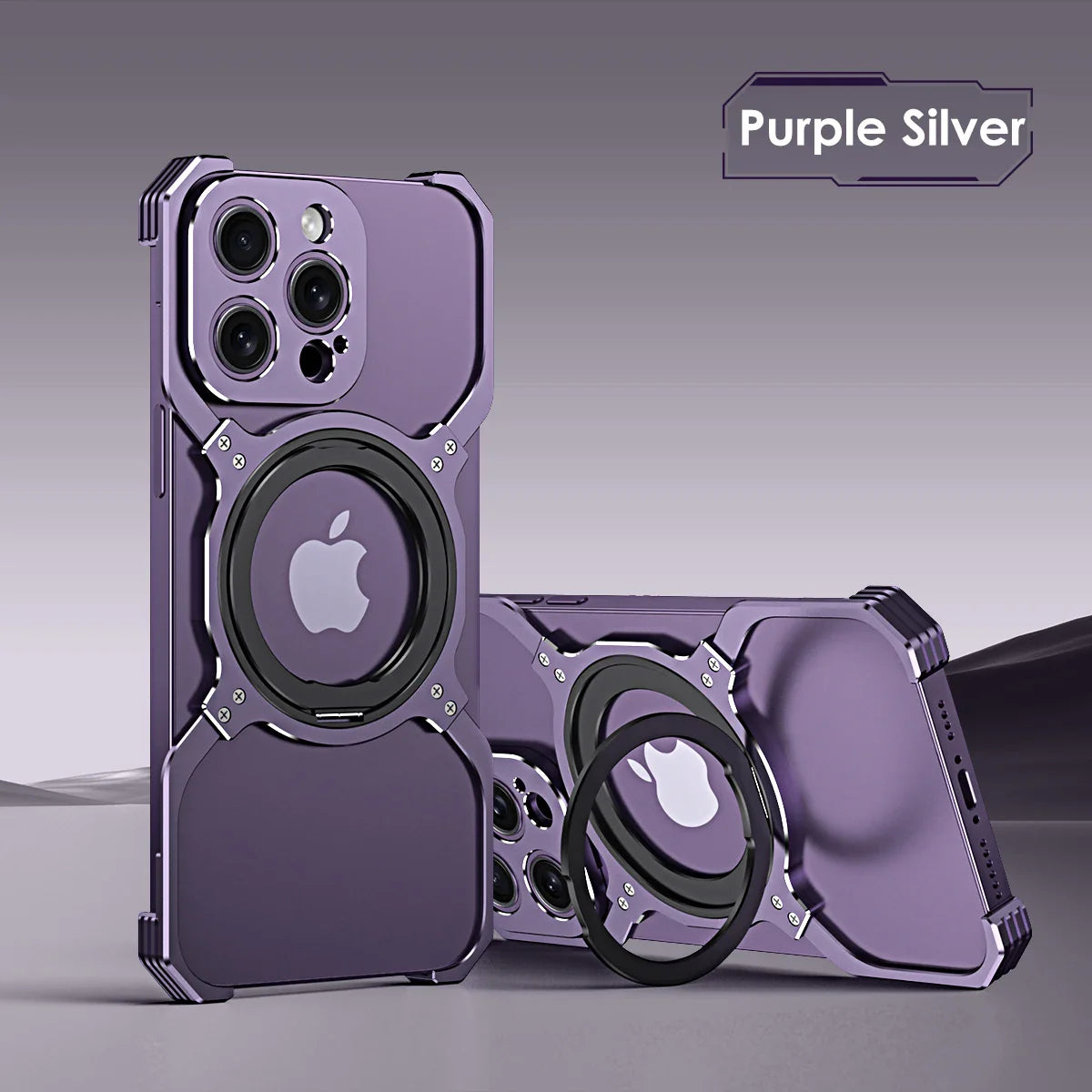 Purple iPhone case with an integrated circular magnetic ring and reinforced corners.