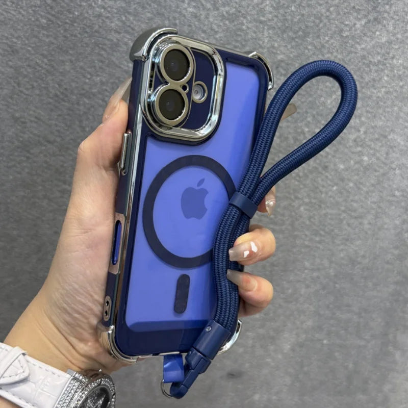 Purple iPhone case with a magnetic ring and a blue wrist strap.
