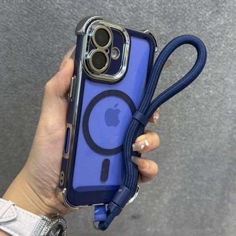 Purple iPhone case with a magnetic ring and a blue wrist strap.