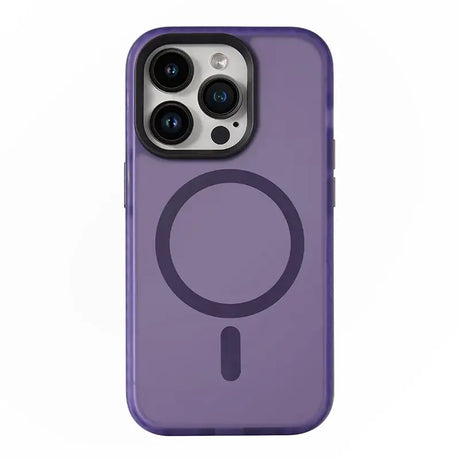 The purple iphone case with a magni logo on it