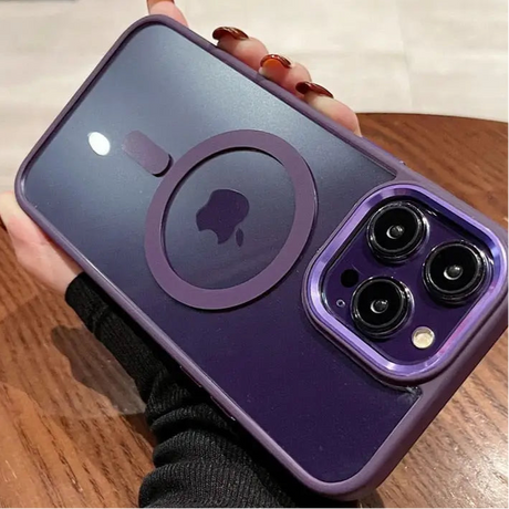 Purple iPhone case with a MagSafe ring and triple camera cutout.