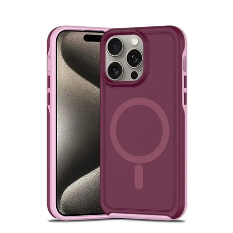 The back of a purple iphone case with a pink iphone