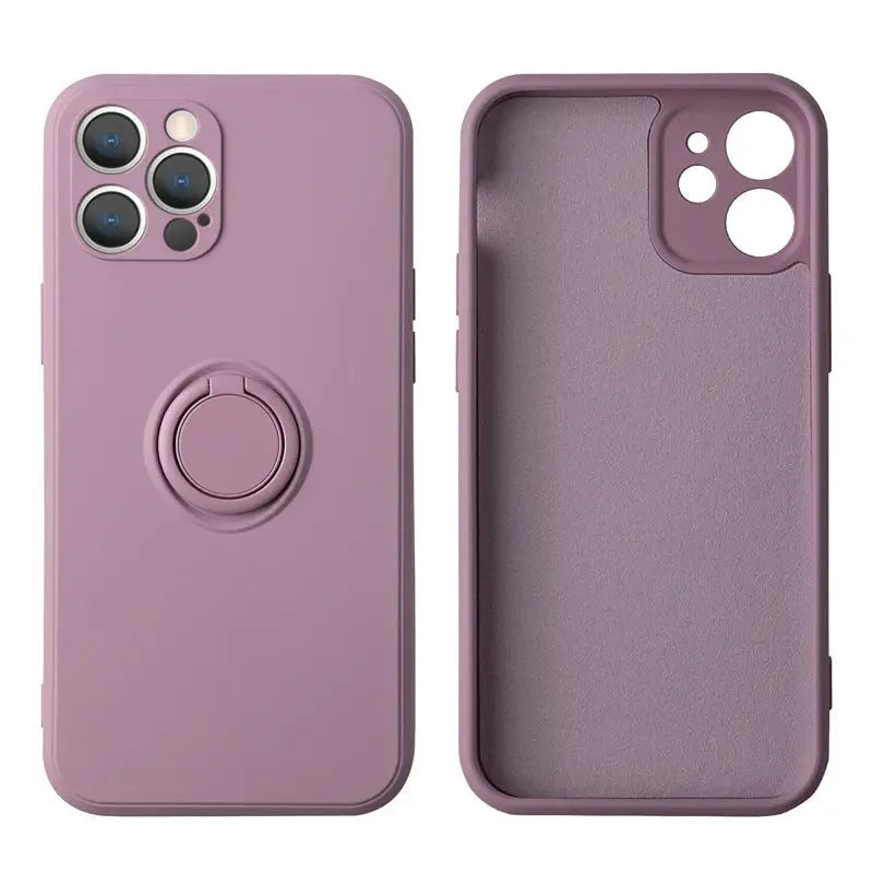 the back of a purple iphone case with a circular button