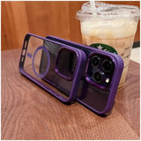a purple phone case sitting on top of a wooden table