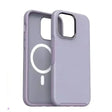 The back of a purple iphone case with a white circle on it