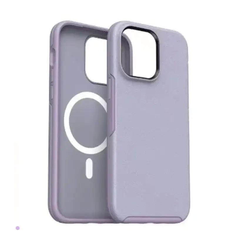 The back of a purple iphone case with a white circle on it