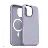 the back of a purple iphone case with a white circle on it
