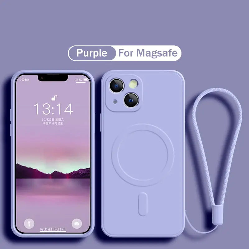 The purple iphone case is shown with a white strap