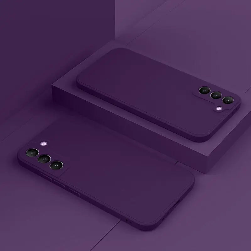 two purple iphone cases on a purple background