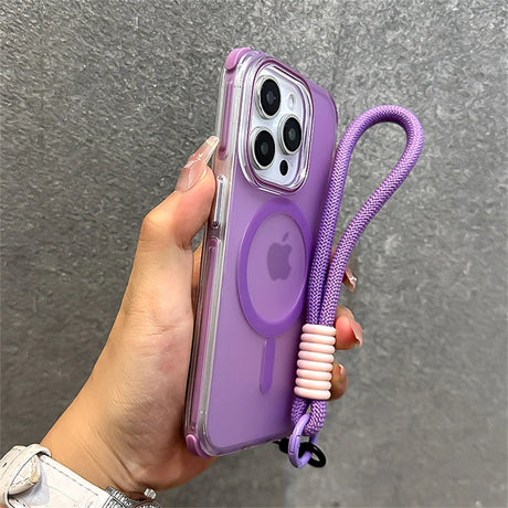 Purple iPhone in clear case with lanyard.