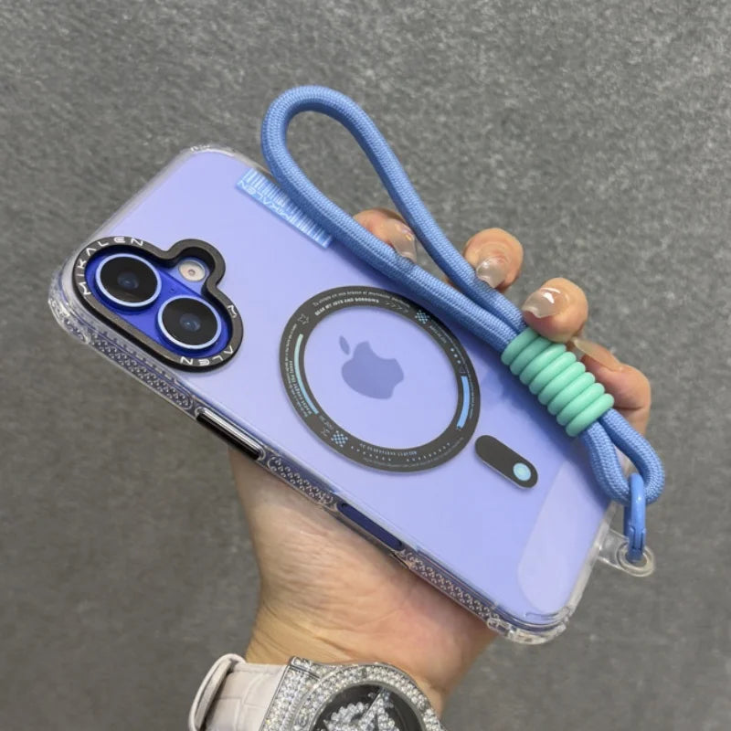 Purple iPhone in a clear case with a blue lanyard.