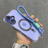 Purple iPhone in a clear case with a blue lanyard.