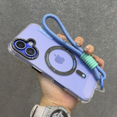 Purple iPhone in a clear case with a blue lanyard.