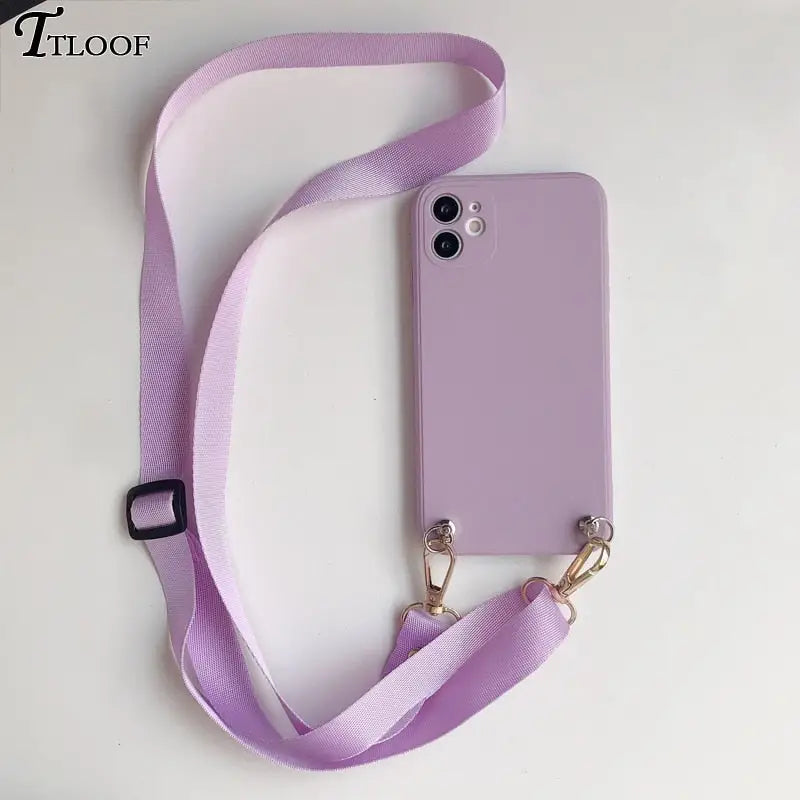 purple phone case with a lanyard strap attached to it