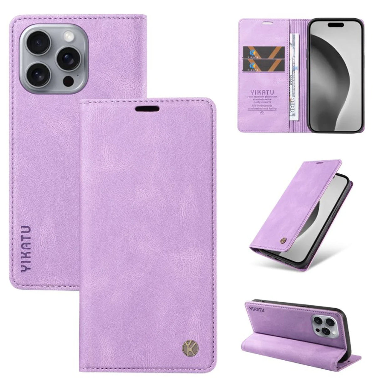 Purple leather-look wallet phone case with multiple views.